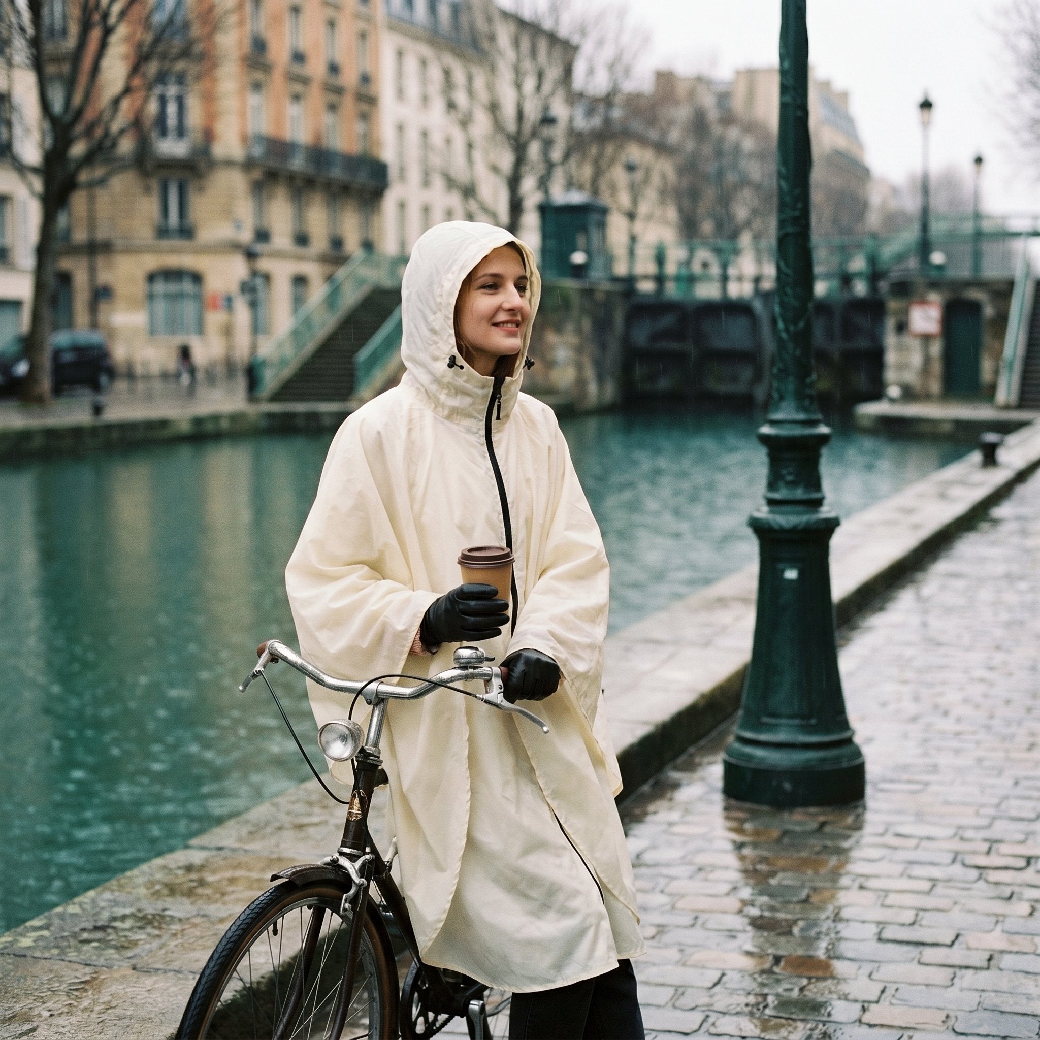 Poncho vélo crème uni, porté par une femme à vélo, souriante, au bord d'un canal urbain.