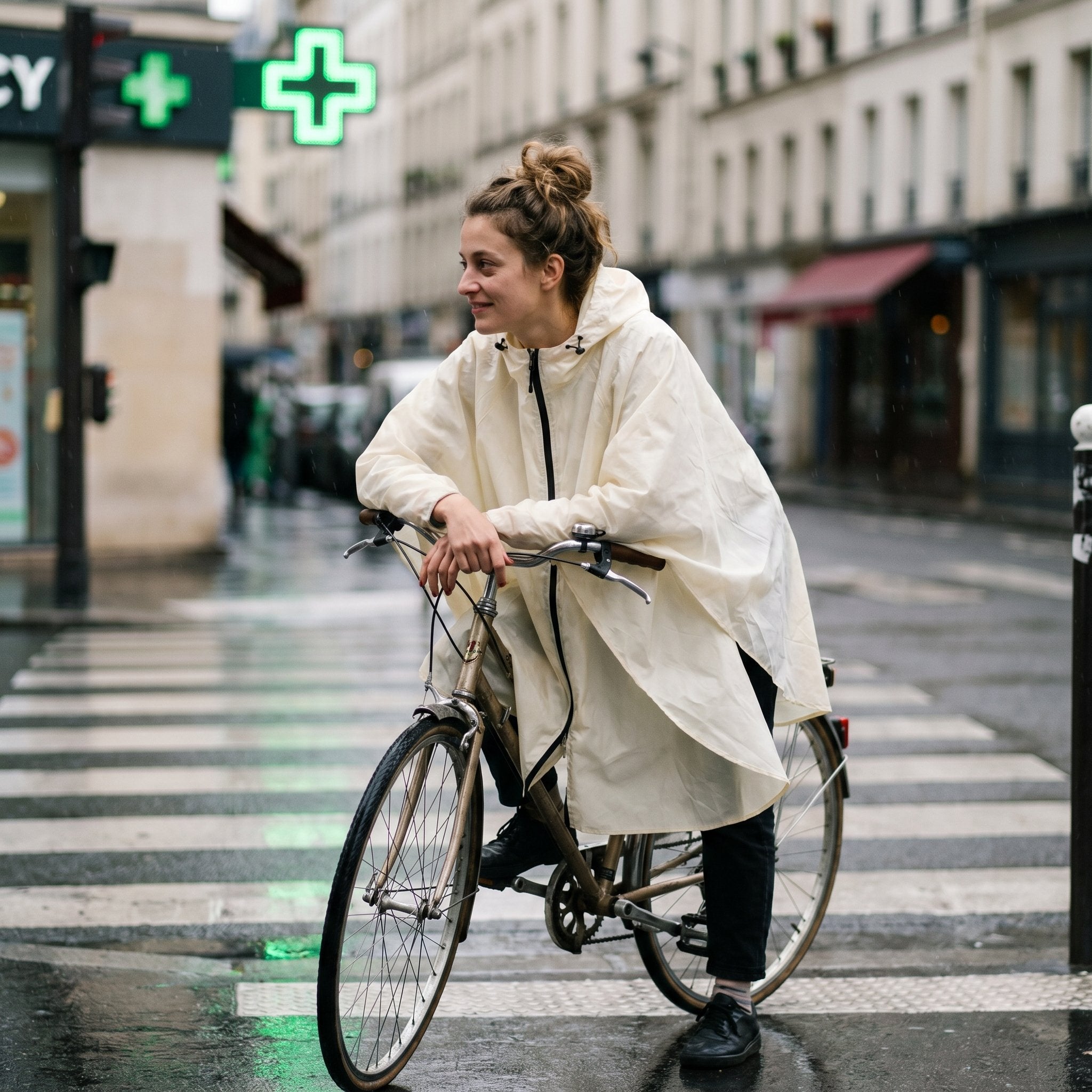Poncho vélo crème uni, porté par une femme à vélo, arrêtée sur un passage piéton en ville.