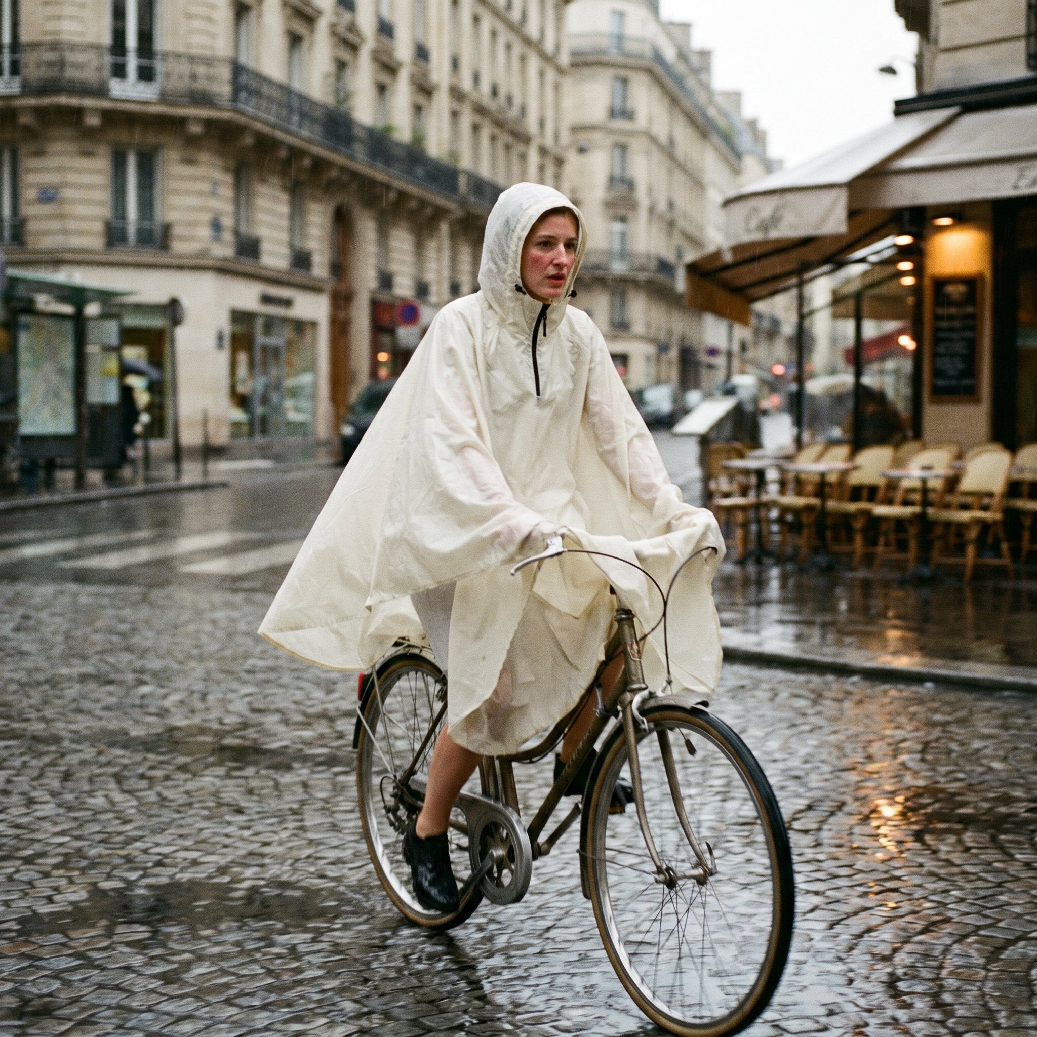Poncho vélo crème uni, porté par une femme à vélo, roulant sur une rue pavée sous la pluie.