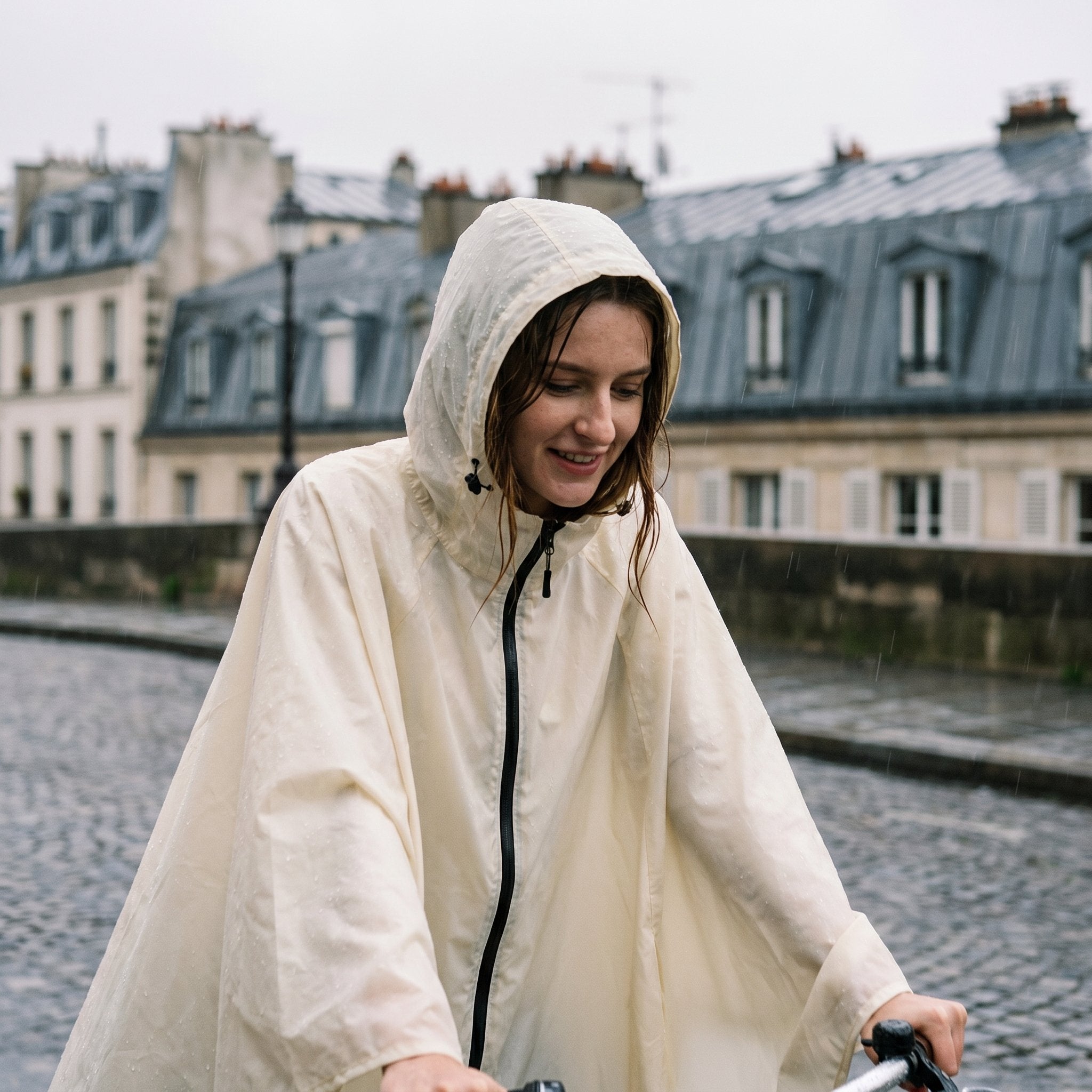 Poncho vélo crème uni, porté par une femme à vélo, vue de face, souriante, les cheveux mouillés.