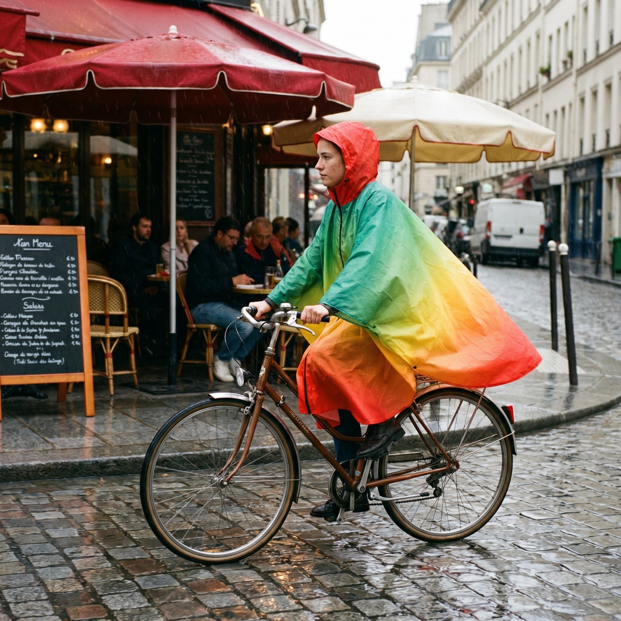 Poncho vélo dégradé arc-en-ciel porté par une personne à vélo, vue de côté, devant la terrasse d'un café.