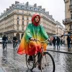 Poncho vélo dégradé arc-en-ciel porté par une personne à vélo, vue de face, roulant sur une rue pavée mouillée.