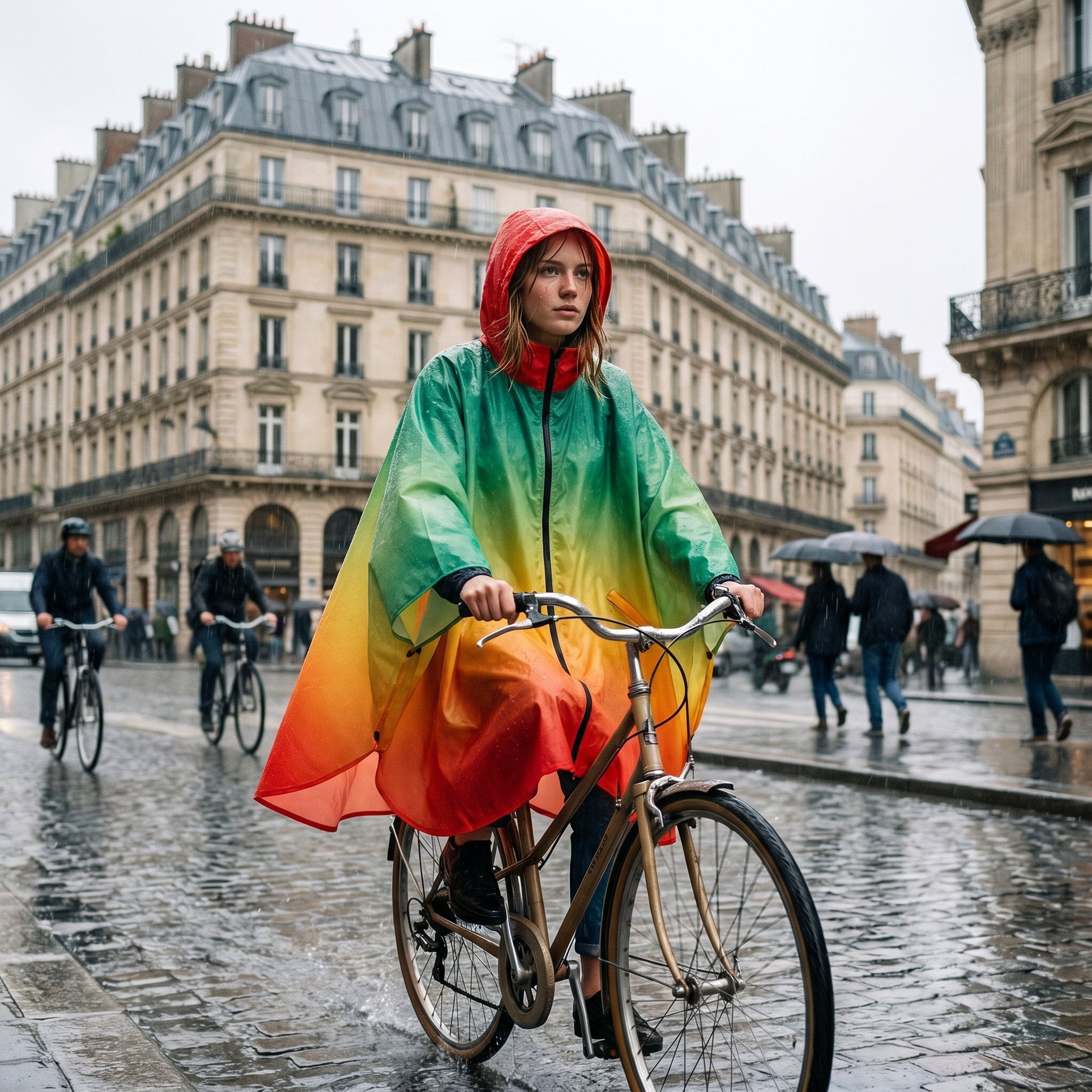 Poncho vélo dégradé arc-en-ciel porté par une personne à vélo, vue de face, roulant sur une rue pavée mouillée.