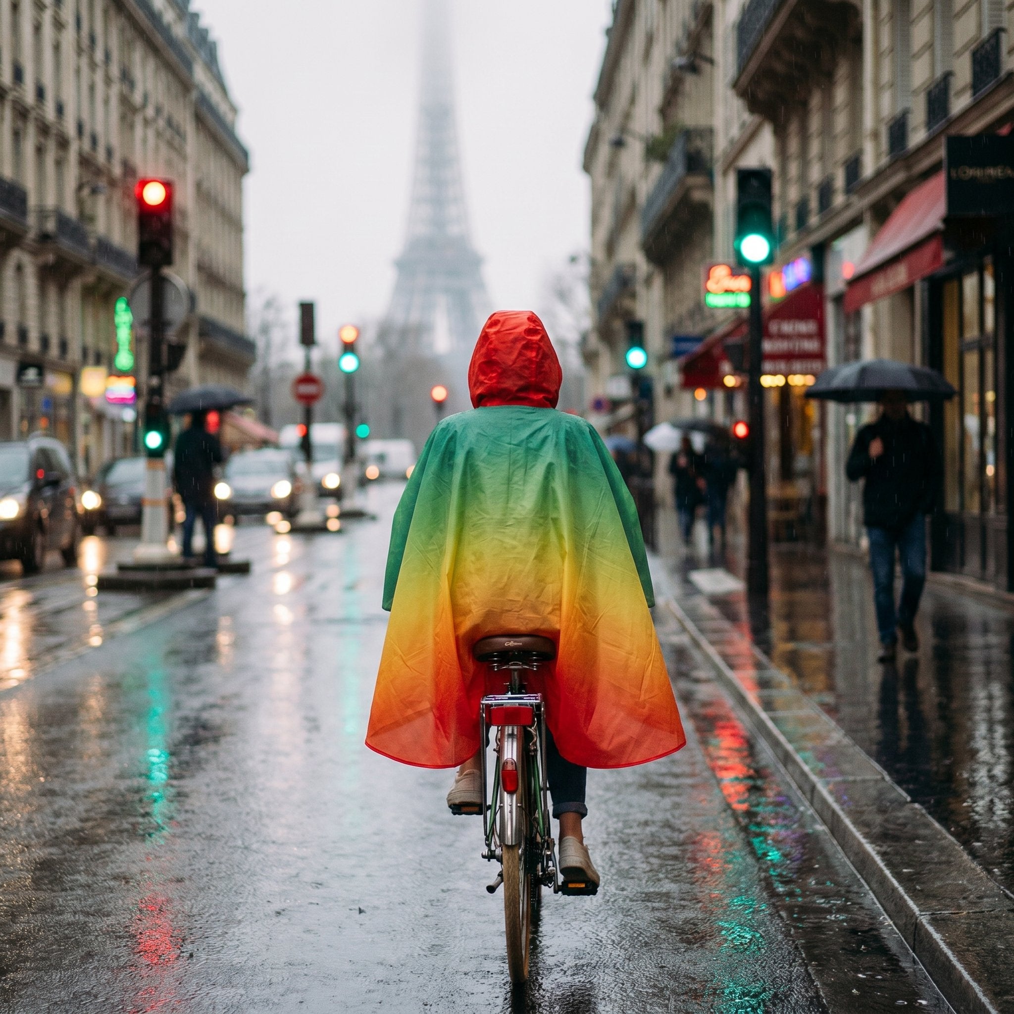 Poncho vélo dégradé arc-en-ciel porté par une personne à vélo, vue de dos, sur une rue mouillée avec des bâtiments.