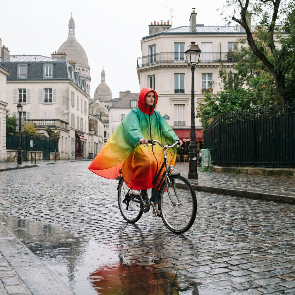 Poncho vélo dégradé arc-en-ciel porté par une personne à vélo, en mouvement sur une rue pavée, avec un dôme en arrière-plan.