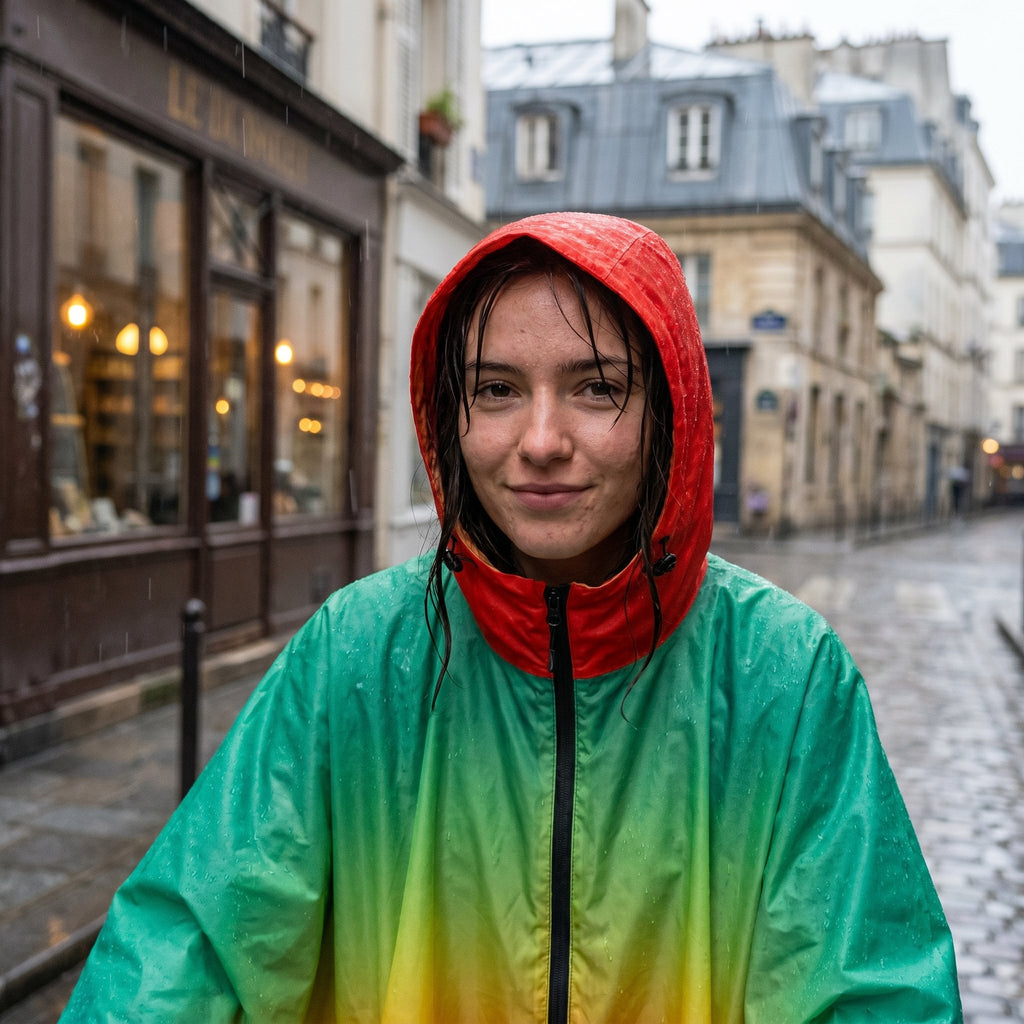Poncho vélo dégradé arc-en-ciel porté par une personne souriante, en gros plan, sur une rue pavée.