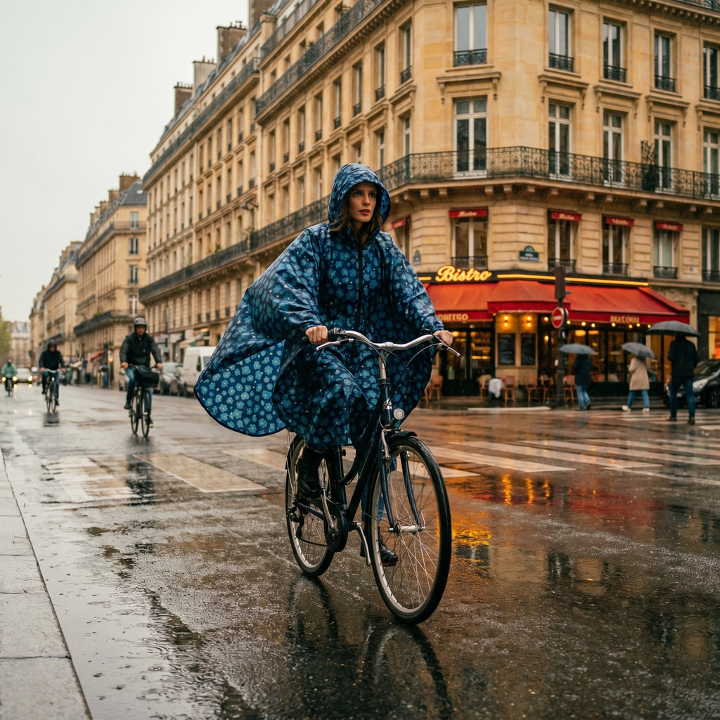 Poncho vélo motif fleurs bleu nuit, porté par une femme à vélo sur une large avenue urbaine, vue de face.