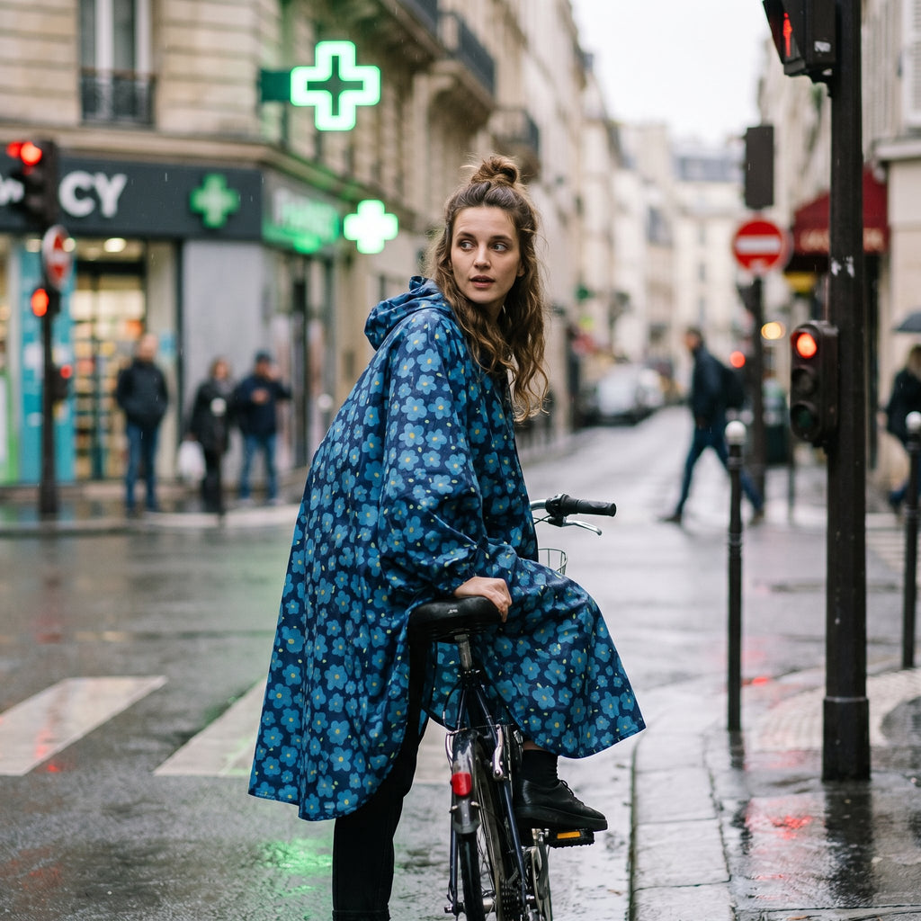 Poncho vélo motif fleurs bleu nuit, porté par une femme arrêtée à vélo à un passage piéton, vue de trois quarts.