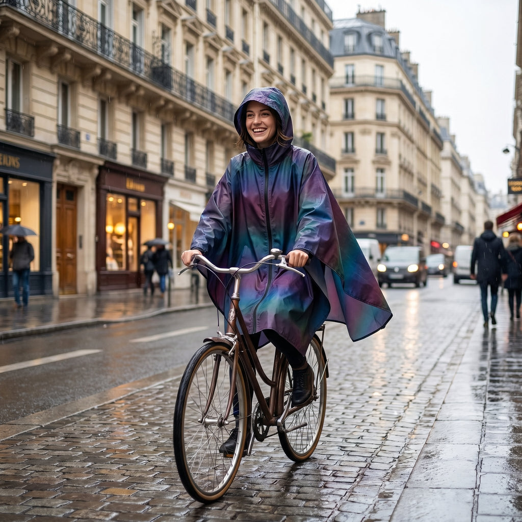 Poncho vélo irisé violet porté par une femme souriante à vélo sur une rue pavée mouillée.