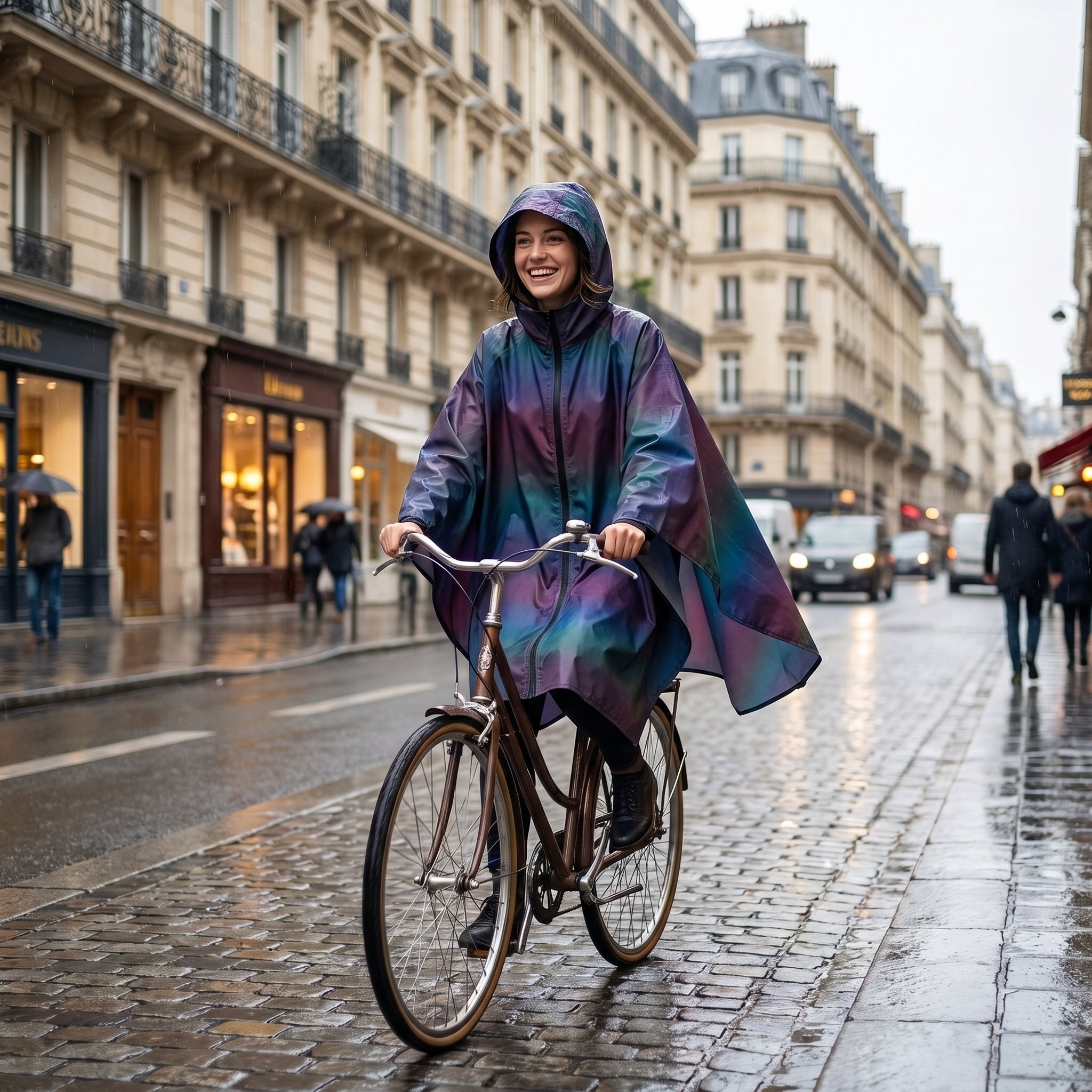 Poncho vélo irisé violet porté par une femme souriante à vélo sur une rue pavée mouillée.
