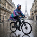 Poncho vélo irisé violet porté par une cycliste sur un vélo moderne avec une grande tour en arrière-plan.