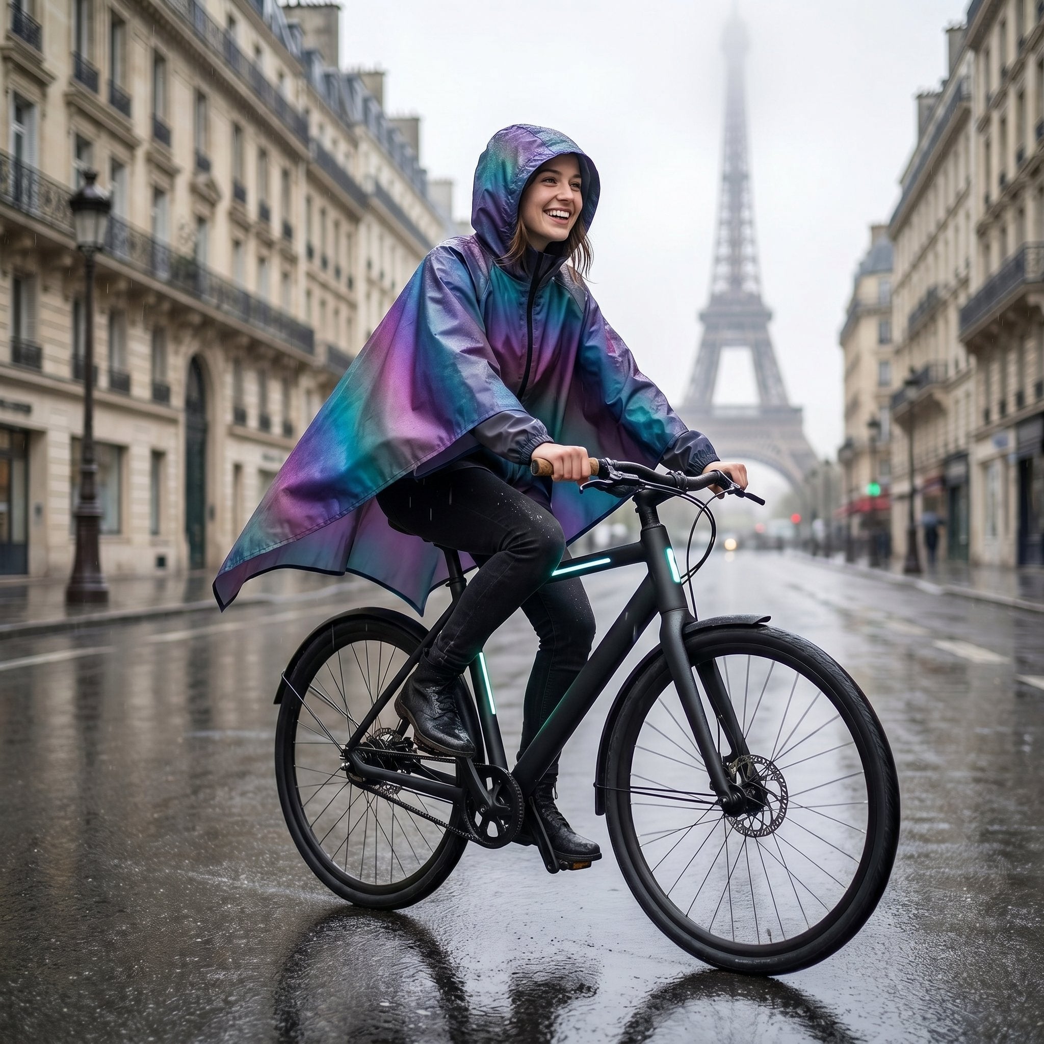 Poncho vélo irisé violet porté par une cycliste sur un vélo moderne avec une grande tour en arrière-plan.