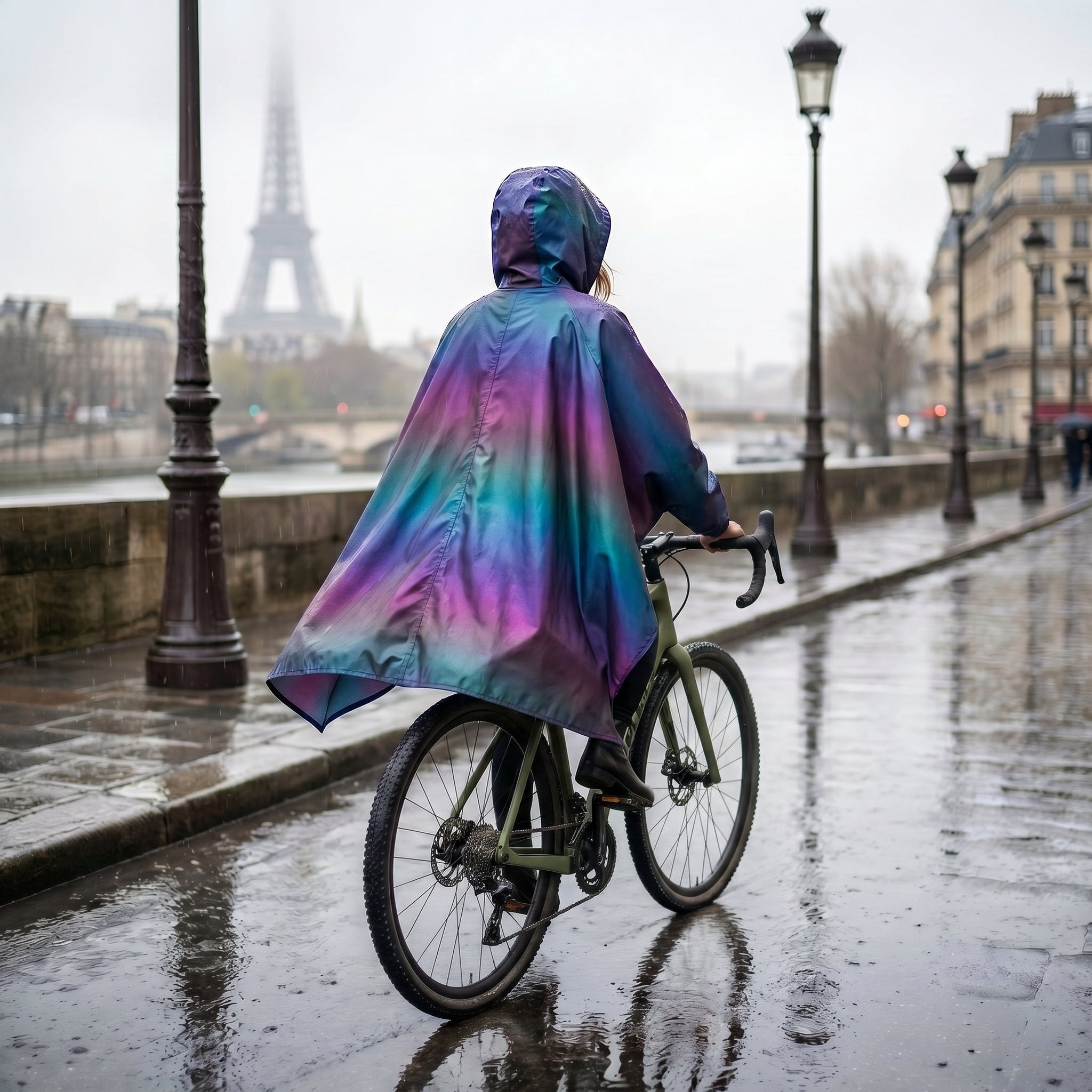 Poncho vélo irisé violet vu de dos sur une cycliste à vélo longeant un quai pluvieux.