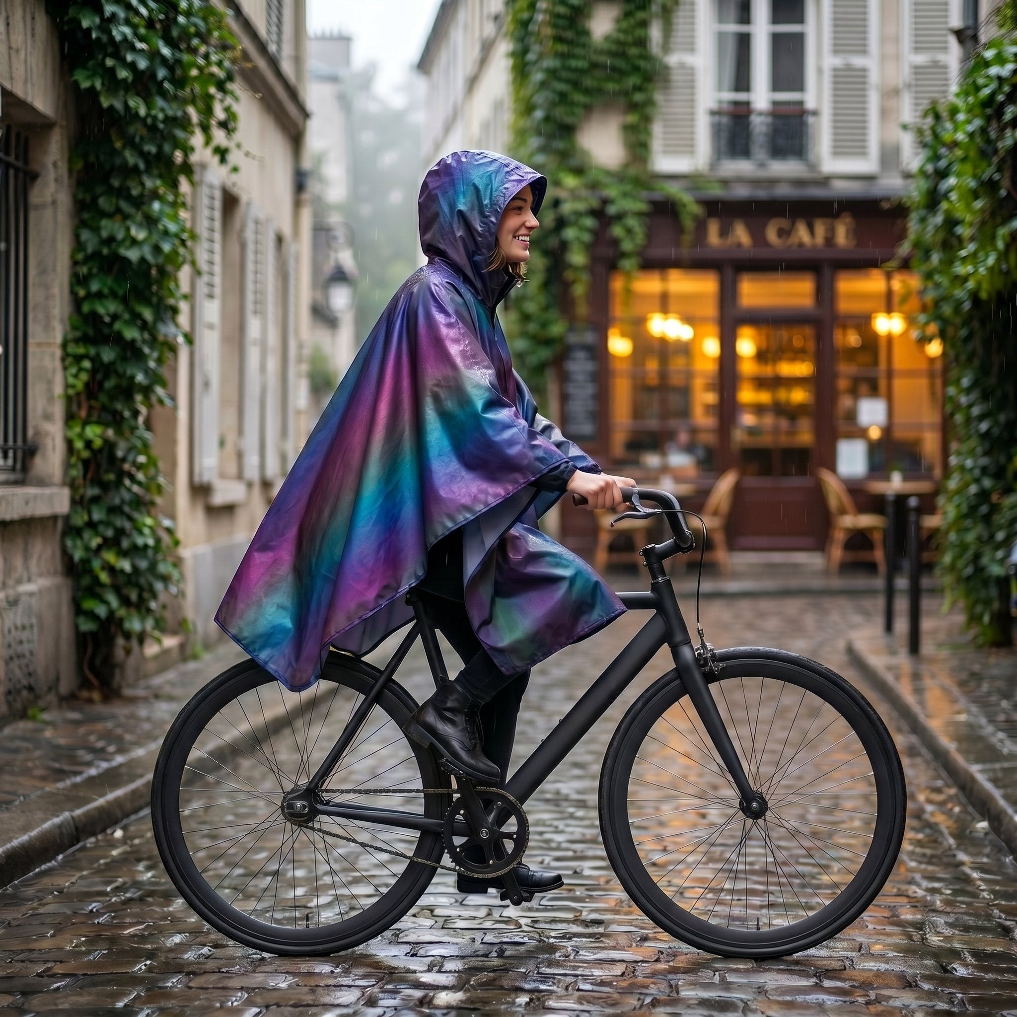Poncho vélo irisé violet porté par une femme à vélo sur une ruelle pavée devant un café.