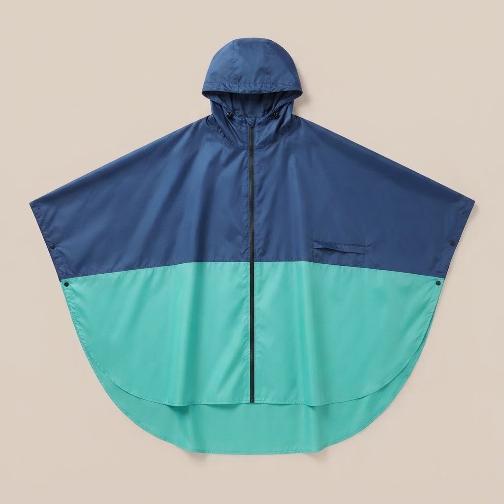 Poncho vélo marine et vert d'eau, présenté à plat sur un fond uni, montrant sa coupe ample.
