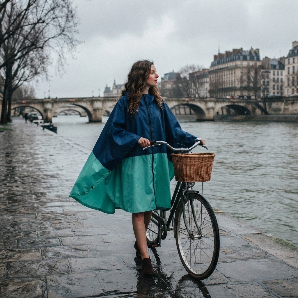 Poncho vélo marine et vert d'eau porté par une femme marchant à côté de son vélo, le long d'une rivière.