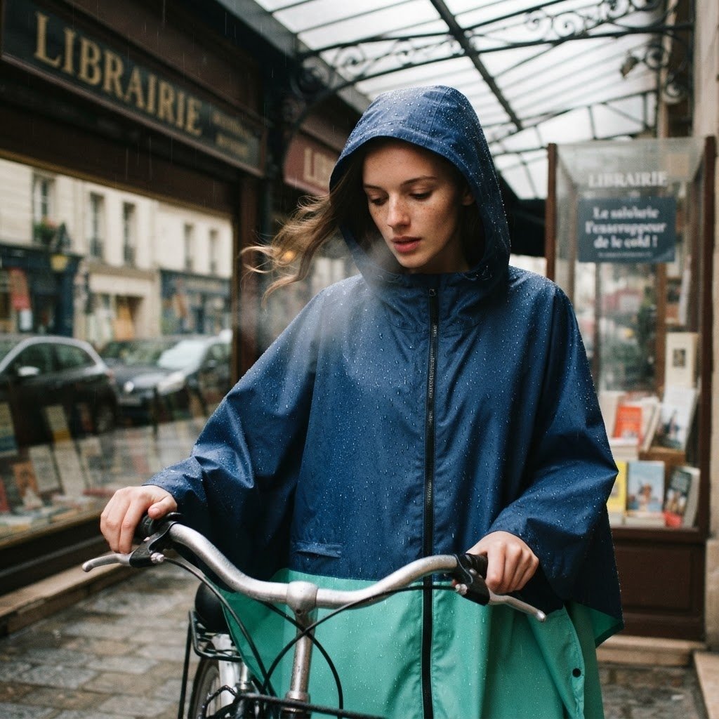 Poncho vélo marine et vert d'eau porté avec la capuche, gros plan sur le buste de la cycliste sous la pluie.
