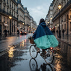 Poncho vélo marine et vert d'eau porté par une femme à vélo, vue de dos sur une rue mouillée en ville.