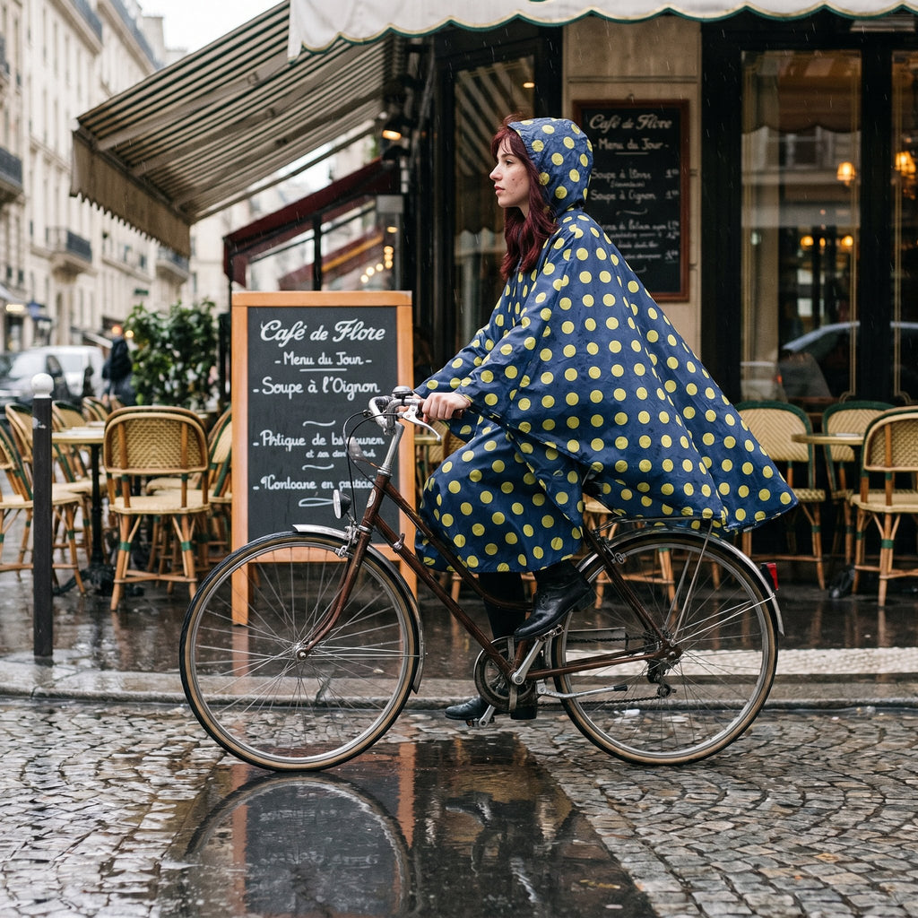Poncho vélo motif pois moutarde porté par une cycliste rousse, vue de profil devant un café avec terrasse.