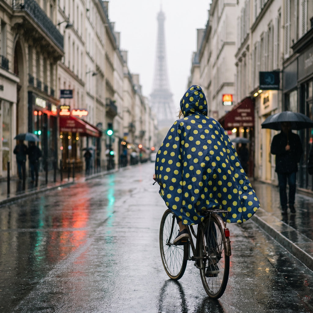 Poncho vélo motif pois moutarde porté par une femme à vélo, vue de dos sur une longue rue urbaine mouillée.