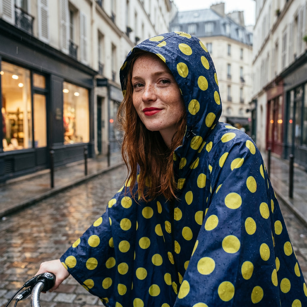 Poncho vélo motif pois moutarde porté par une femme souriante, cadrage serré sur son visage et le haut du corps.