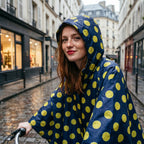 Poncho vélo motif pois moutarde porté par une femme souriante, cadrage serré sur son visage et le haut du corps.
