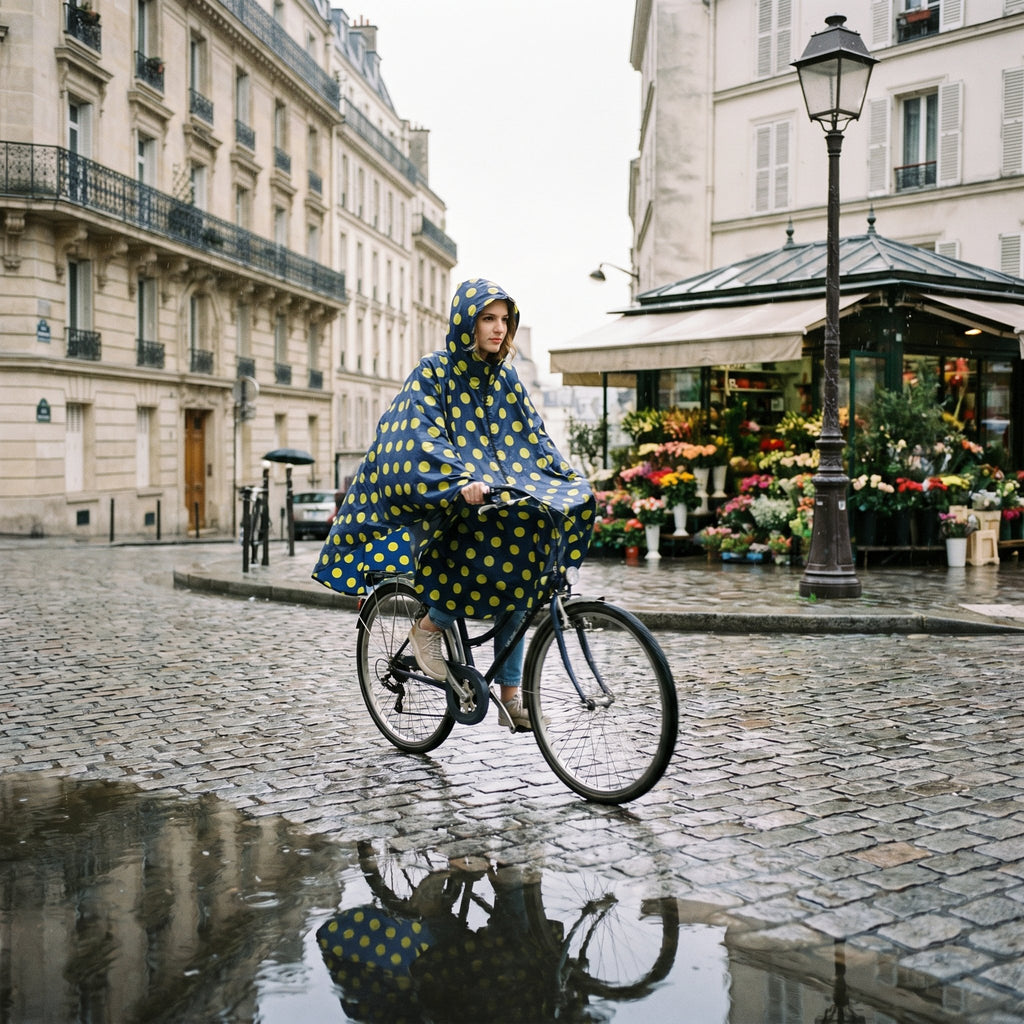 Poncho vélo motif pois moutarde porté par une femme à vélo, vue d'ensemble sur une rue pavée devant un fleuriste.