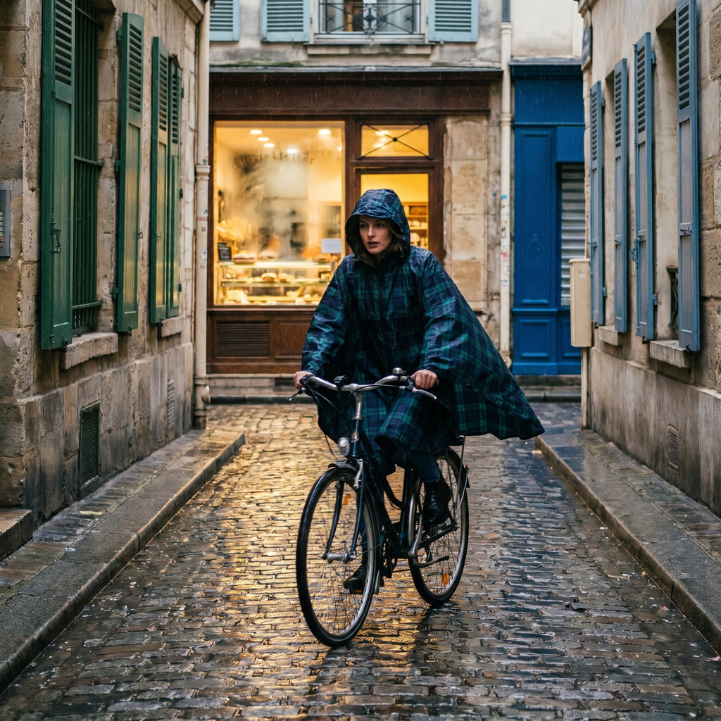 Poncho vélo motif tartan vert porté par une femme à vélo dans une ruelle pavée mouillée.