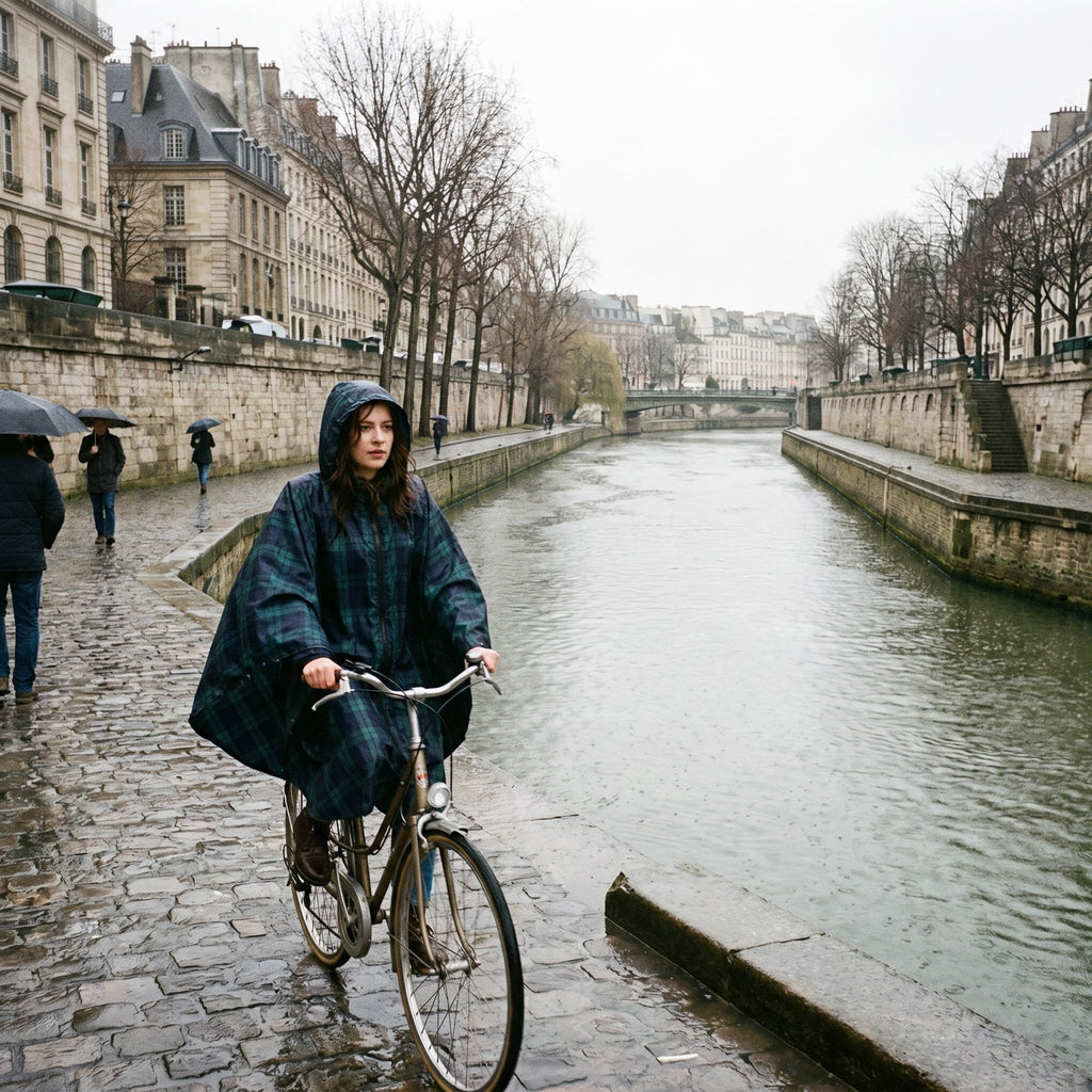 Poncho vélo motif tartan vert porté par une cycliste longeant une rivière sur un chemin pavé.