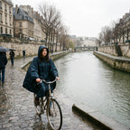 Poncho vélo motif tartan vert porté par une cycliste longeant une rivière sur un chemin pavé.