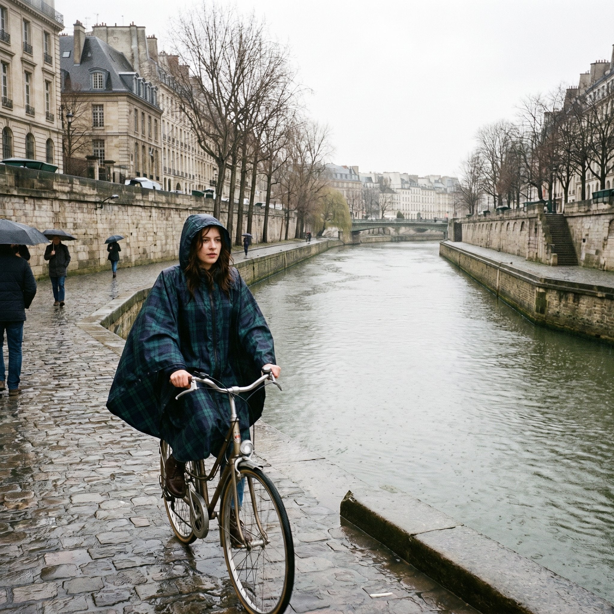 Poncho vélo motif tartan vert porté par une cycliste longeant une rivière sur un chemin pavé.