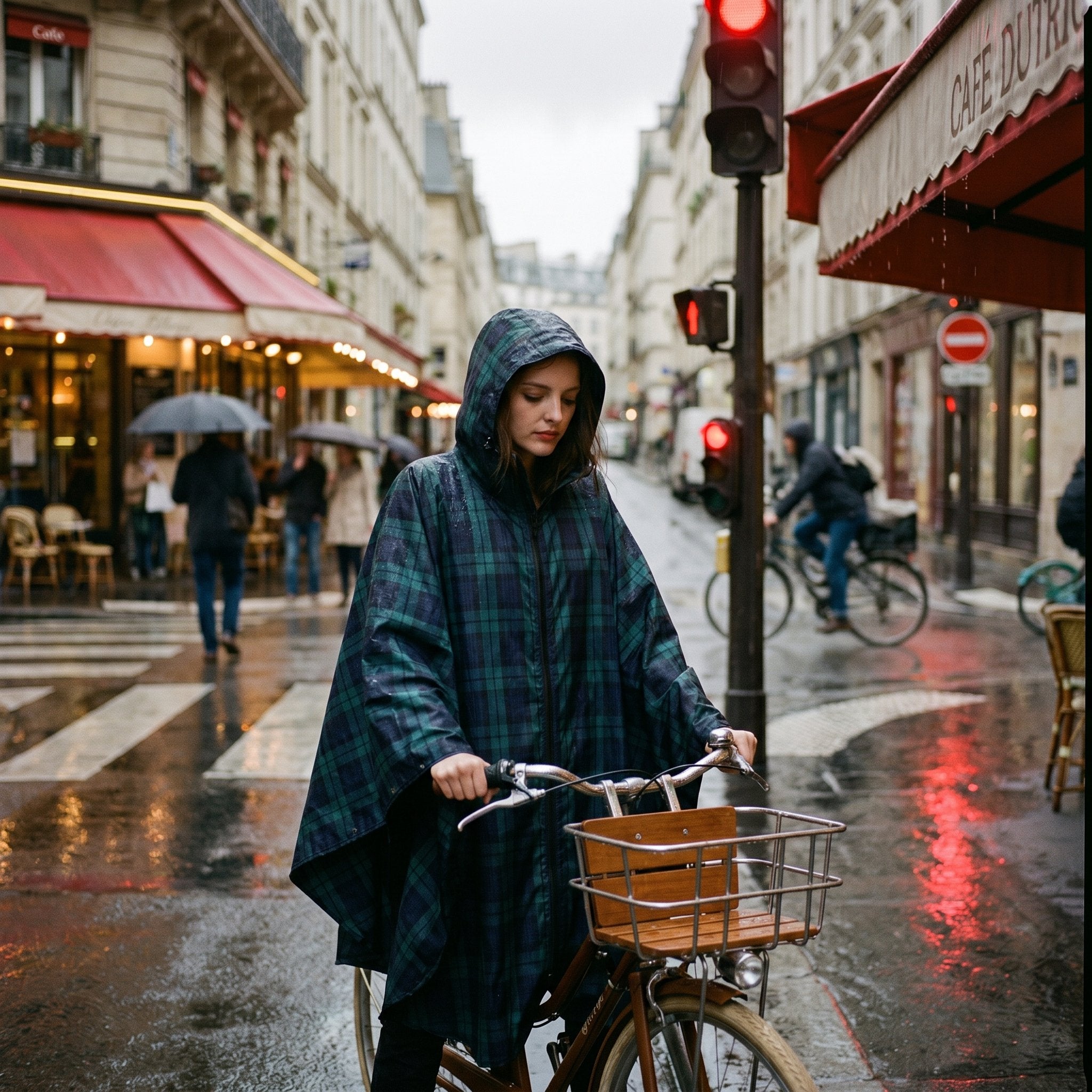 Poncho vélo motif tartan vert porté par une femme arrêtée à vélo à un feu rouge en ville.