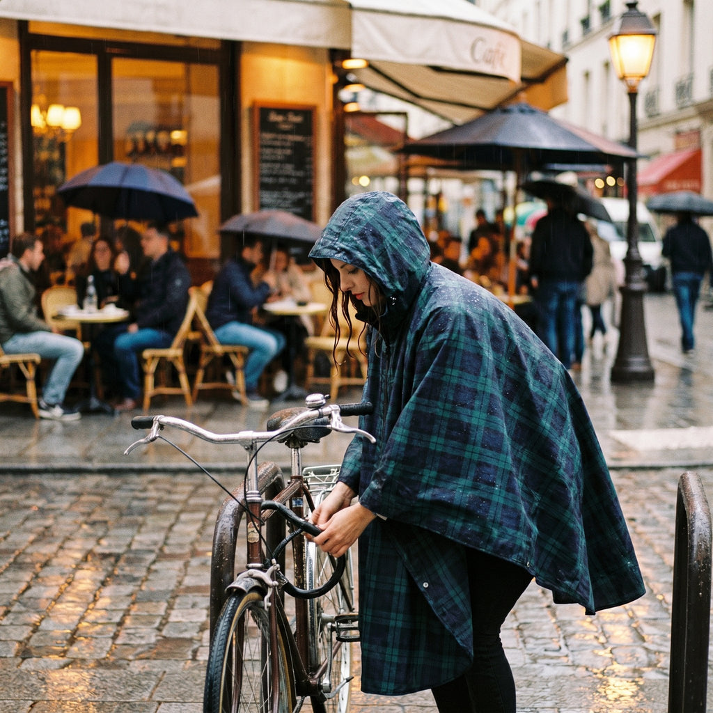 Poncho vélo motif tartan vert porté par une femme attachant son vélo devant une terrasse de café.