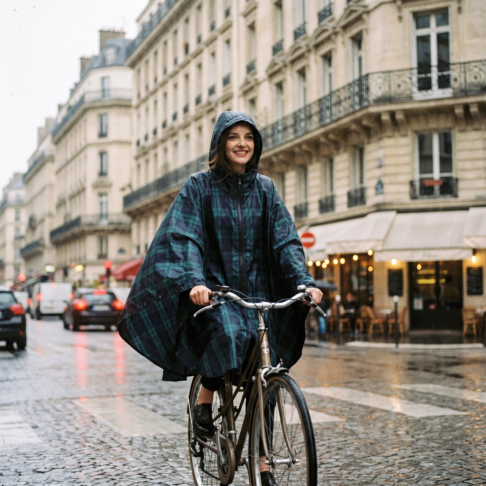 Poncho vélo motif tartan vert porté par une femme souriante à vélo dans une rue urbaine.