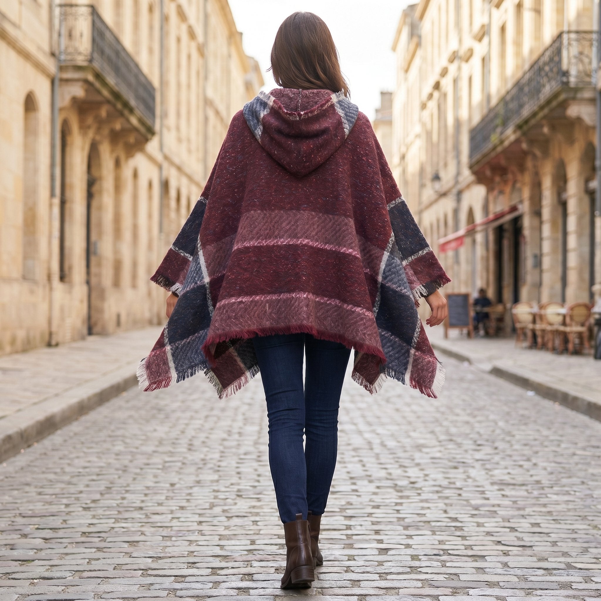 Pull poncho à capuche femme à carreaux, porté de dos par une femme marchant, mettant en évidence les motifs et les franges