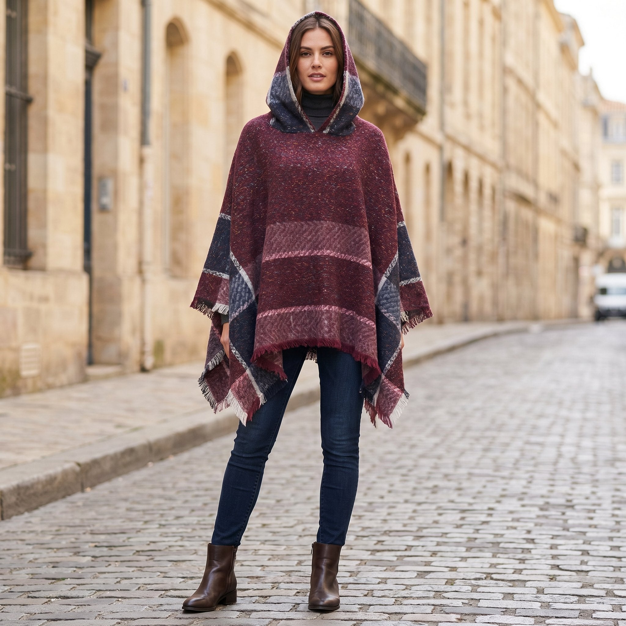 Pull poncho à capuche femme à carreaux, porté de face par une femme debout, montrant la silhouette complète du poncho