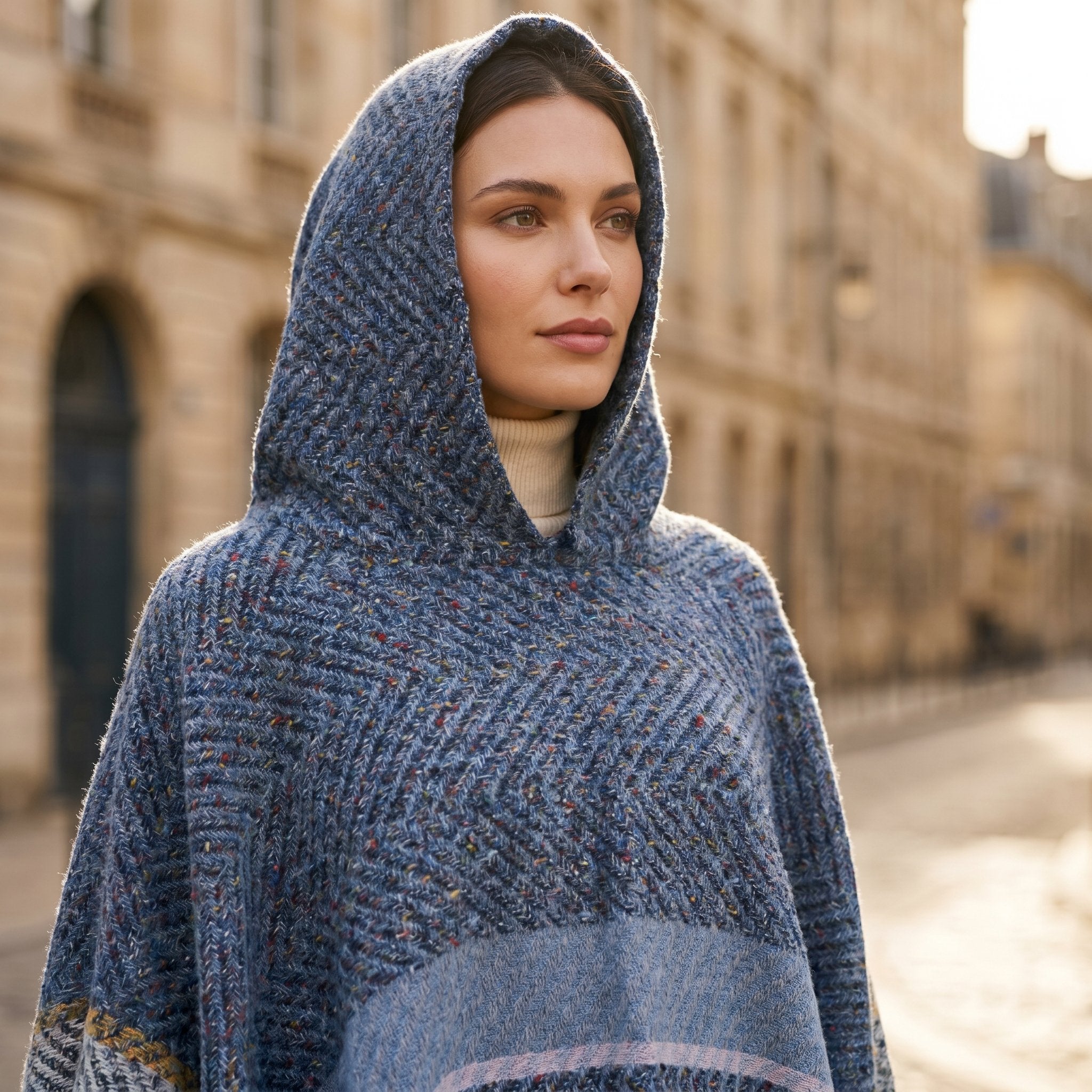Pull poncho à capuche femme gris-bleu, gros plan sur la capuche et le haut du vêtement, soulignant la texture du tissu