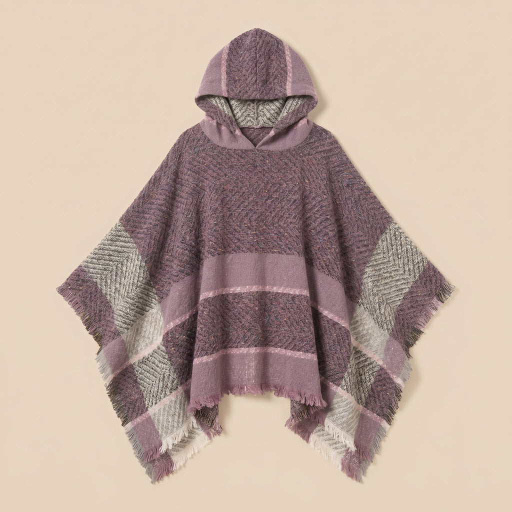 Pull poncho à capuche femme rayé mauve présenté à plat, vue de face