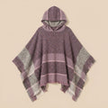 Pull poncho à capuche femme rayé mauve présenté à plat, vue de face