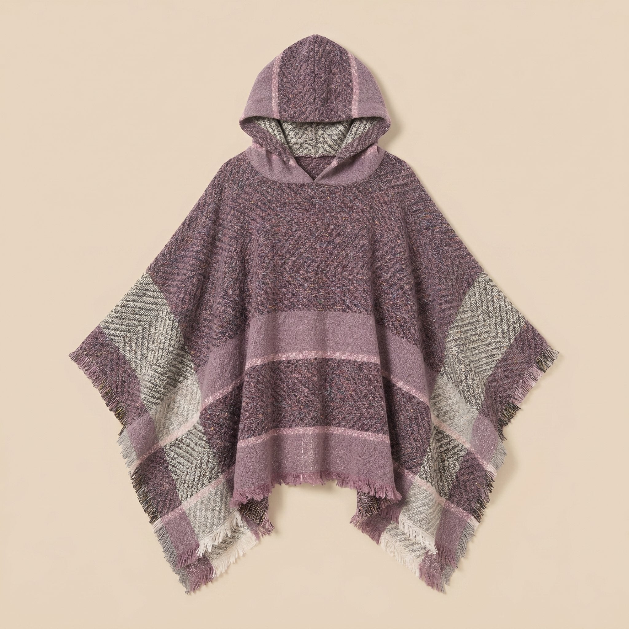 Pull poncho à capuche femme rayé mauve présenté à plat, vue de face