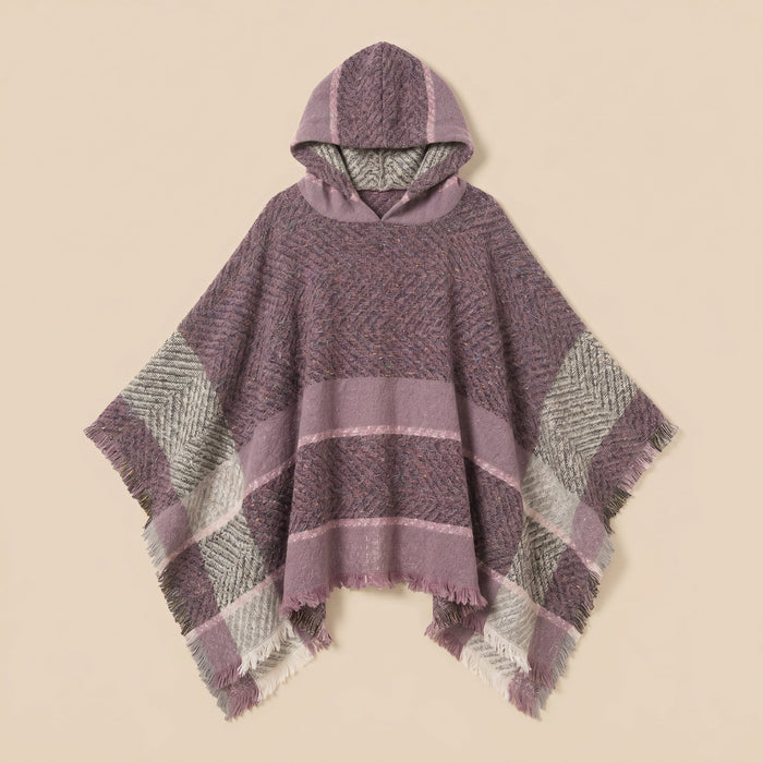 Pull poncho à capuche femme rayé mauve présenté à plat, vue de face
