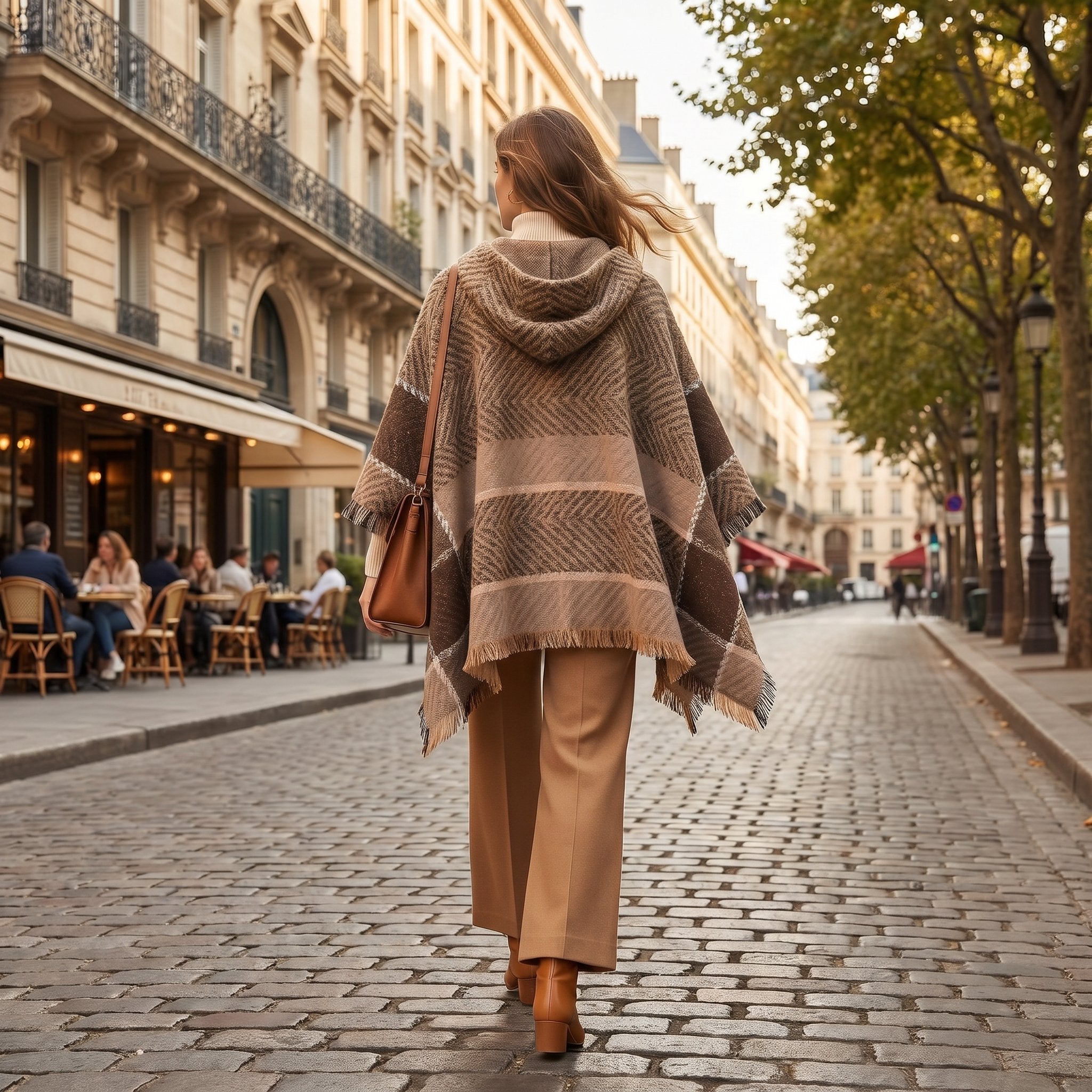 Pull poncho à capuche femme rayé taupe, porté de dos par une femme marchant sur une rue pavée